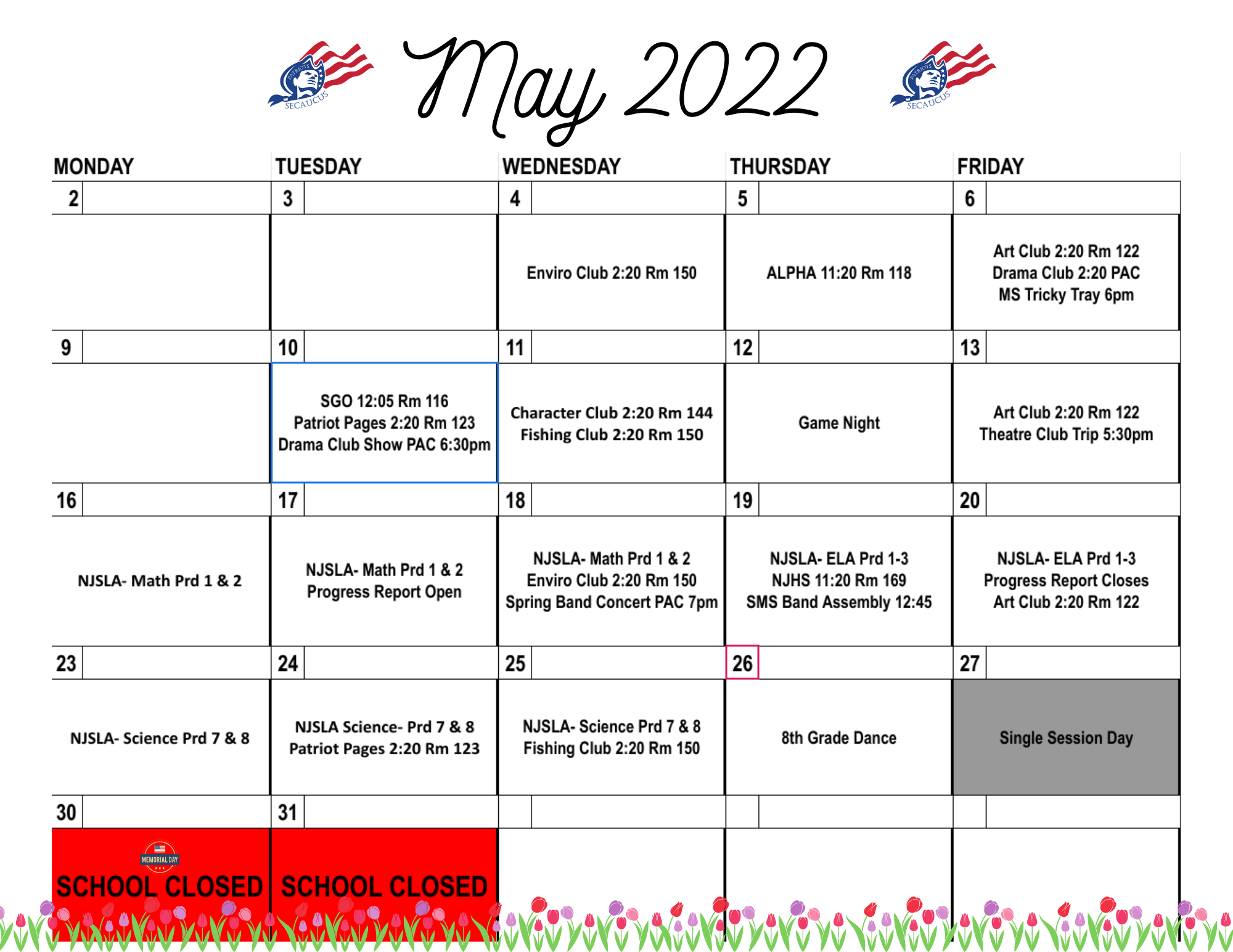 SMS May 2022 Calendar Secaucus Middle School